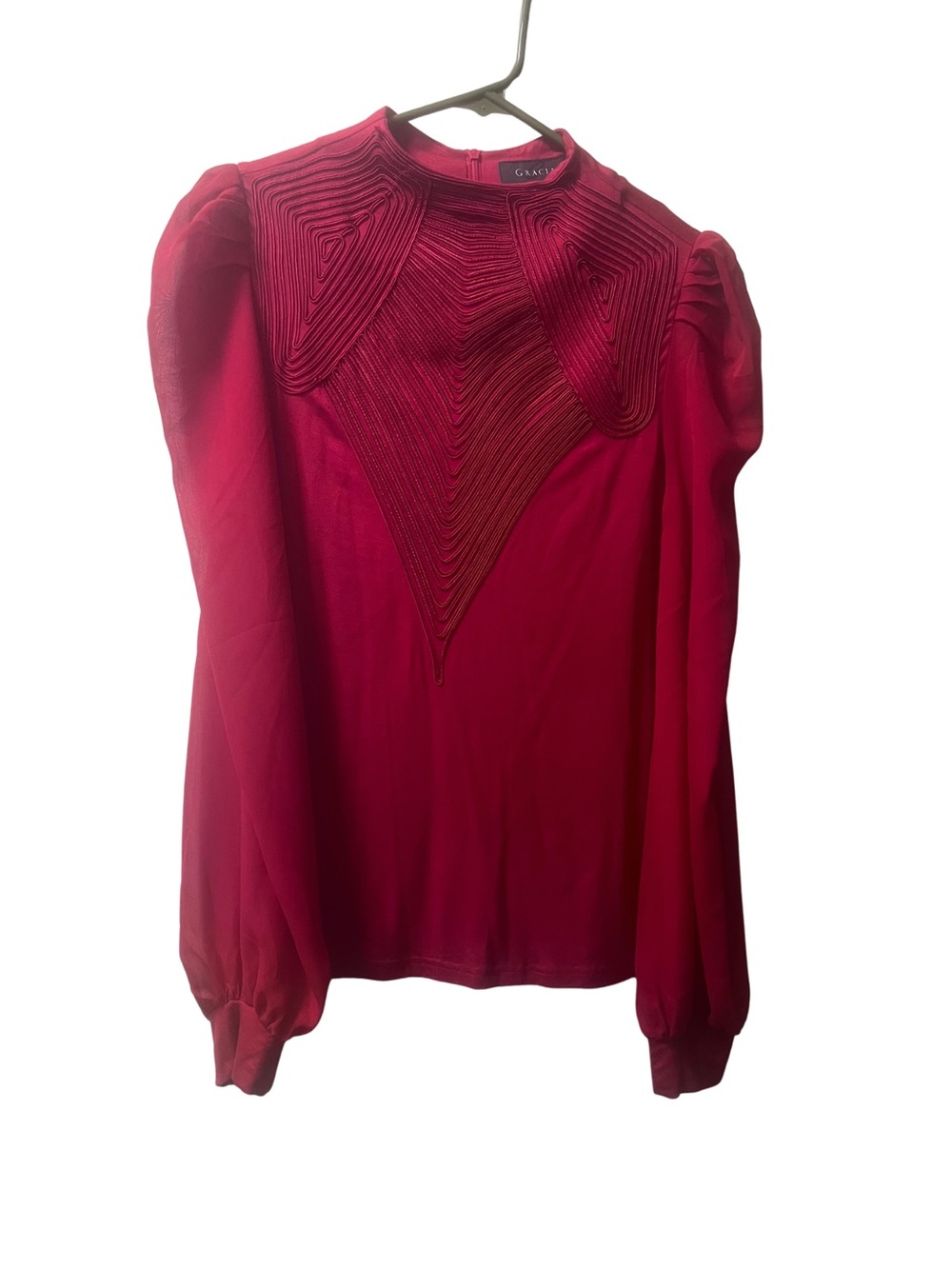 Gracia Crimson Pleated Yoke Long-Sleeve Blouse (Bin 1-31)